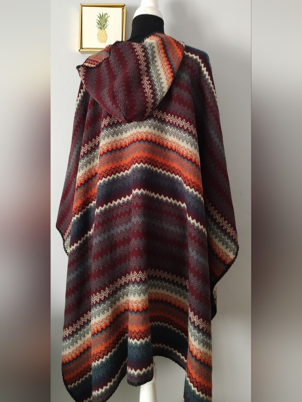 Hooded Chevron Knit Poncho in Burgundy & Rust - Picture 9 of 11